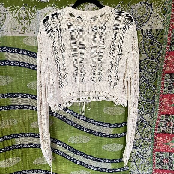 Zara Distressed Beige Laddered Knit Long Sleeve Crop Top Size Small - Picture 12 of 16